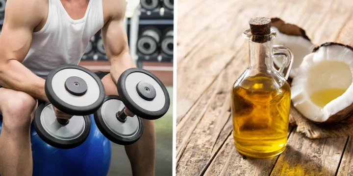 Holding two dumbbells while sitting on a ball, coconut oil in a jar
