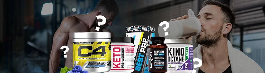 Different Keto-friendly pre workout supplements with a background of two body builders