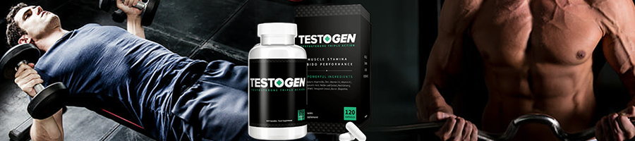 Testogen supplement with two men working out in the background