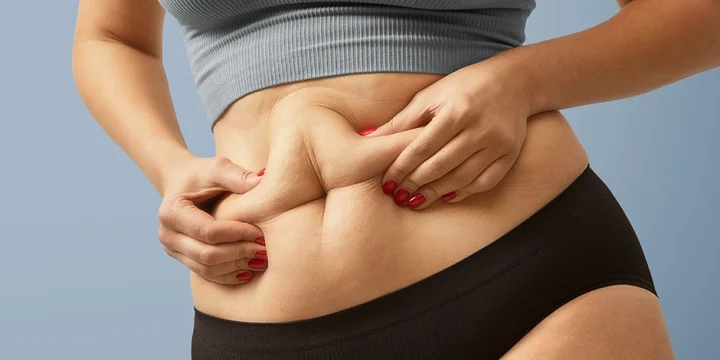 A woman pinching her belly fats