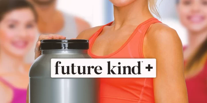 Future Kind logo with a woman in the background holding protein powder