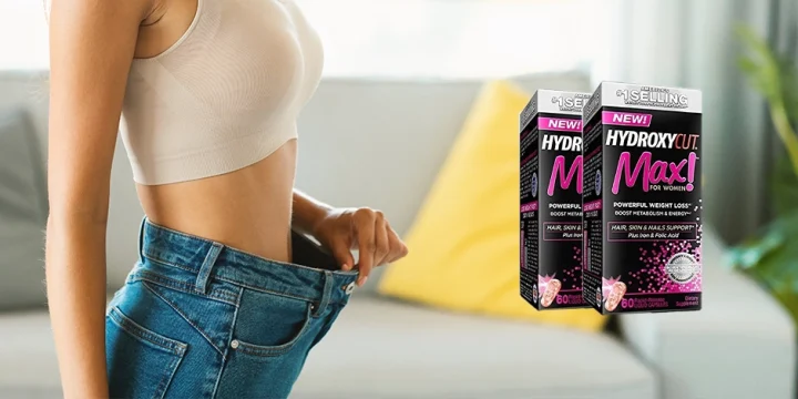 A woman with loose pants and Hydroxycut overlay