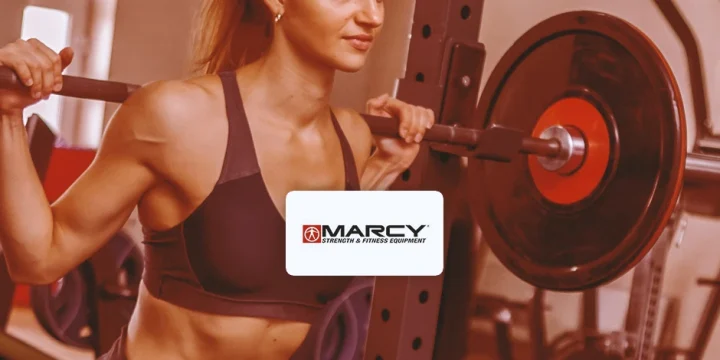 Marcy Pro logo with a person in the background working out on a Marcy Pro Smith Machine