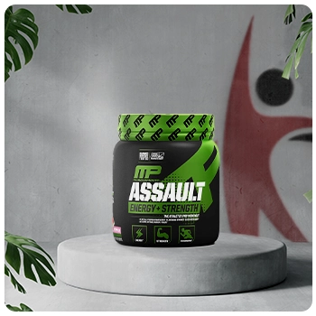 MusclePharm Assault Pre-Workout powder on podium with TotalShape Logo Overlay