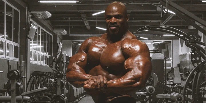 Ronnie Coleman posing his chest and tricep muscles at the gym