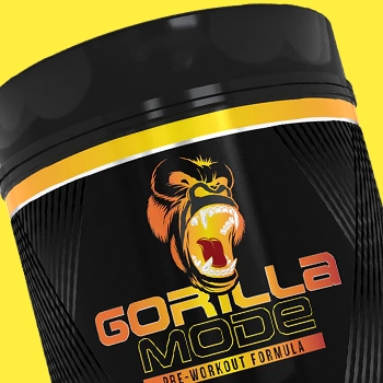 Gorilla Mode Pre Workout supplement close up in yellow background