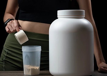 Woman pouring whey and casein protein
